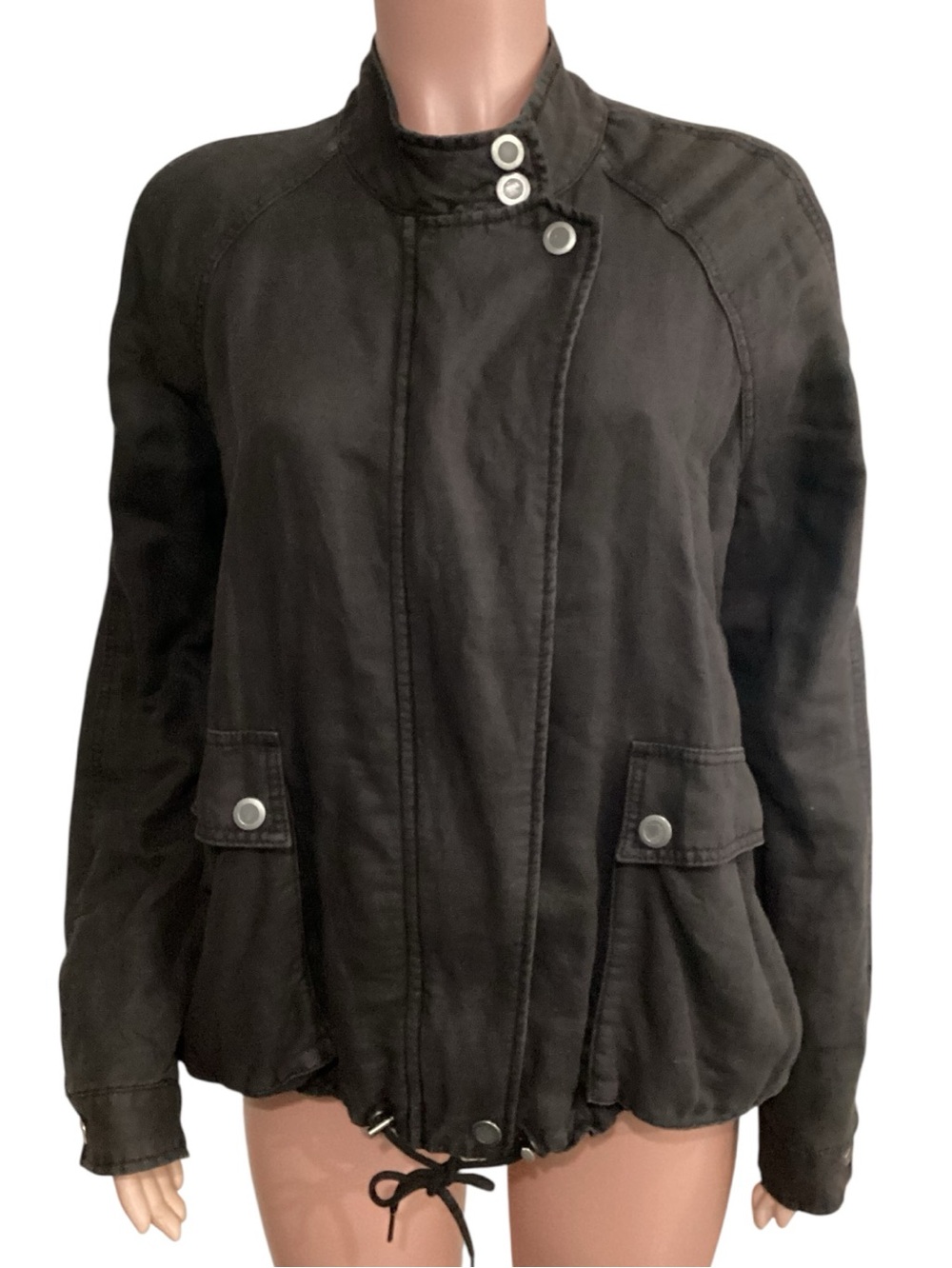 Free People Linen Blend Utility Bomber Cargo Jacket Zip-Front Size Medium
